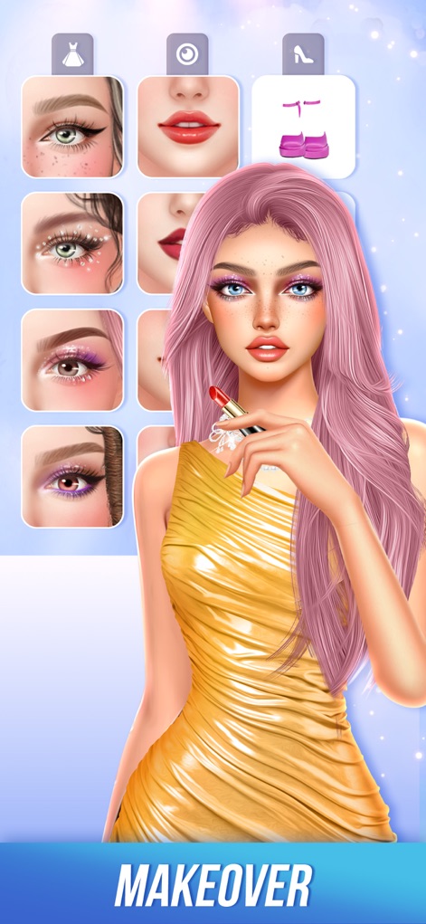 Fashion Glow: Model & Style - Users can explore extensive makeup options, selecting diverse eye looks and experimenting with bold lip colors to perfect their model's face.