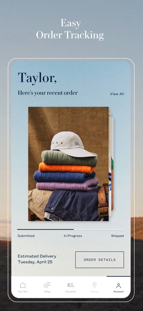 Ralph Lauren: Luxury Shopping - Monitor purchases effortlessly with clear order status updates, progressing from "Submitted" to "Shipped", alongside an "Estimated Delivery" date for complete transparency.