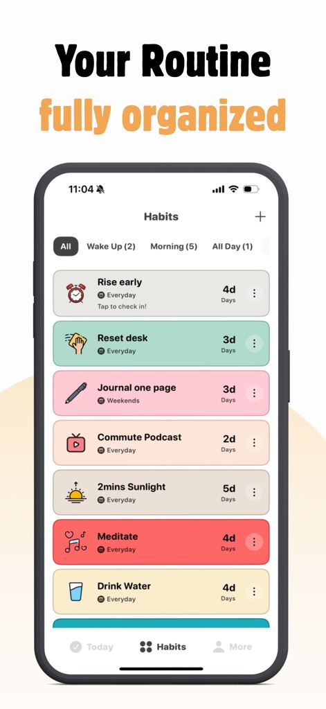ShineDay: Micro Habit Tracker - The app streamlines routine management by presenting habits in distinct color-coded entries and allows users to filter their view by specific categories like "Morning" or "All Day".