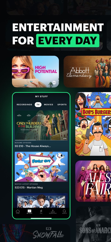 Hulu: Stream TV shows & movies - Esta captura destaca a seção 'My Stuff', onde os usuários podem acompanhar facilmente seus programas favoritos e visualizar suas gravações, como a série 'Only Murders in the Building', garantindo uma experiência de visualização contínua e adaptada.