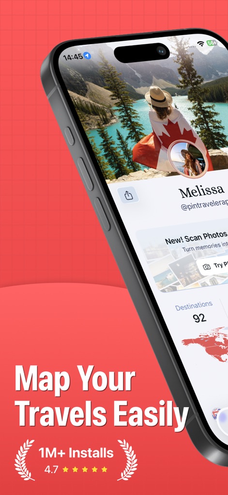 Pin Traveler: Track Travel Map - See how the app showcases a user's travel profile, including their total destinations and a visual overview of visited regions on a map.