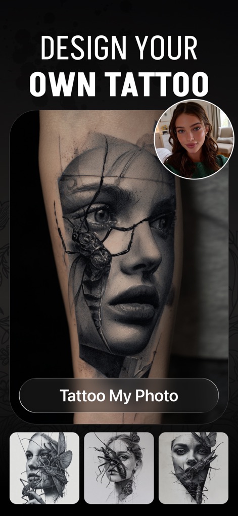 Tattoo AI - Tattoo Design - Observe the intuitive 'Tattoo My Photo' feature, allowing users to preview designs on their own image and explore multiple artistic interpretations.