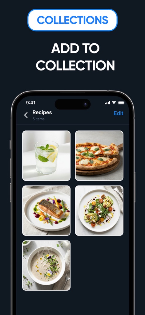 FMate - Bookmark Manager - ユーザーは「Recipes」のような既存のコレクションにコンテンツを追加することで、保存した情報を効率的に管理し、コレクション内のコンテンツ表示で一目で確認できます。