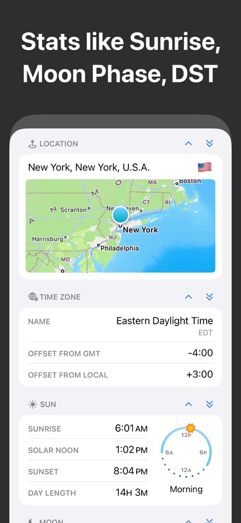 World Clock Time Zone Widgets - Esplora dati approfonditi su ogni località, inclusi gli orari precisi di alba e tramonto, e una mappa dettagliata che ne indica la posizione geografica.