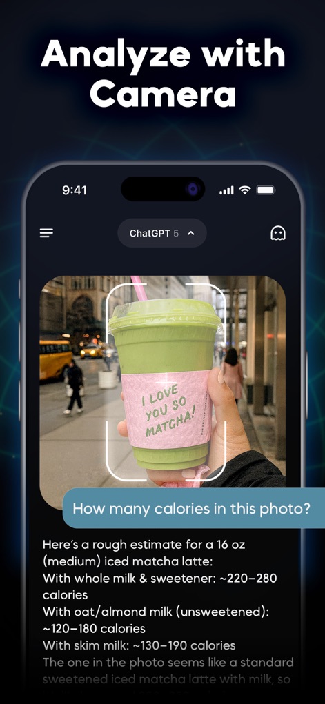 Chatbot AI Assistant ChatPrime - This tool provides visual object analysis, demonstrated by analyzing a photo of a drink to estimate calories and offering detailed nutritional breakdowns.