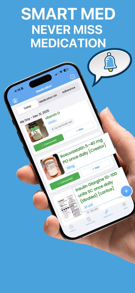 Free Blood Sugar Monitor ivita - Diese Ansicht zeigt die intelligente Medikamentenverwaltung, die an eingenommene Medikamente erinnert (z.B. Vitamin D) und detaillierte Einträge für Insulin Glargin (Lantus) mit Dosierungsangaben enthält.