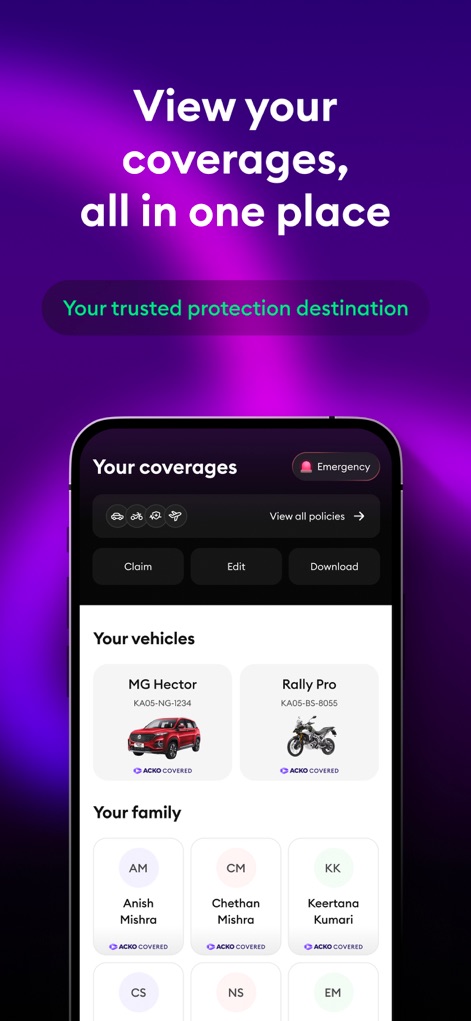 ACKO Insurance - Users can efficiently manage their policies through options like Claim and Download, while clearly viewing coverages for 'Your vehicles' and 'Your family' members.