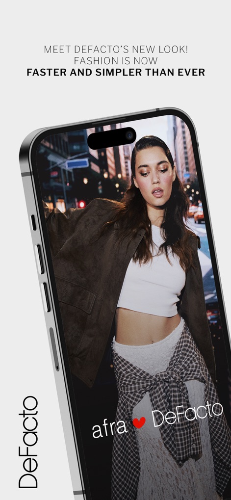 DeFacto - Clothing & Shopping - L'app presenta un'interfaccia rinnovata con un'estetica moderna, come indicato dal claim 'MEET DEFACTO'S NEW LOOK!', e mette in risalto le collezioni attraverso immagini di moda accattivanti.