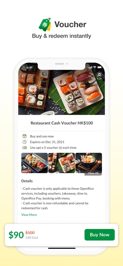 OpenRice - Users can instantly purchase discounted 'Restaurant Cash Vouchers' and review their detailed 'Conditions' for immediate use.