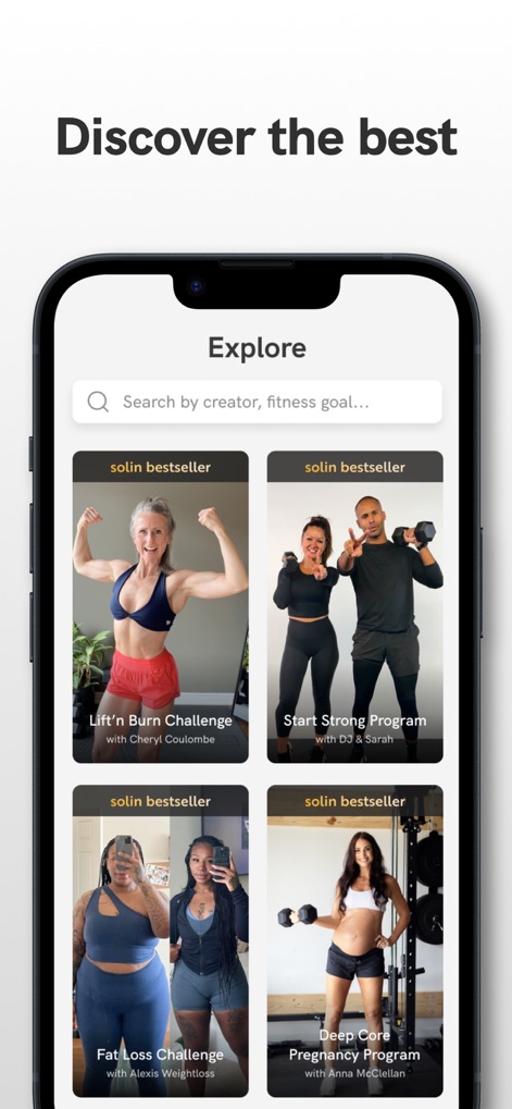 Solin: Challenges & Nutrition - The app's 'Explore' section features robust search functionality, allowing users to discover a wide array of featured 'bestseller' creator programs tailored to their fitness goals.
