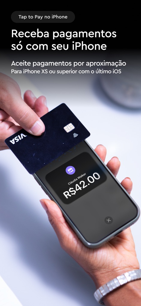 InfinitePay Tap, Conta, Cartão - Die App verwandelt das iPhone in ein mobiles Zahlungsterminal, das kontaktloses Bezahlen per Karte und die Anzeige des zu zahlenden Betrags ermöglicht.