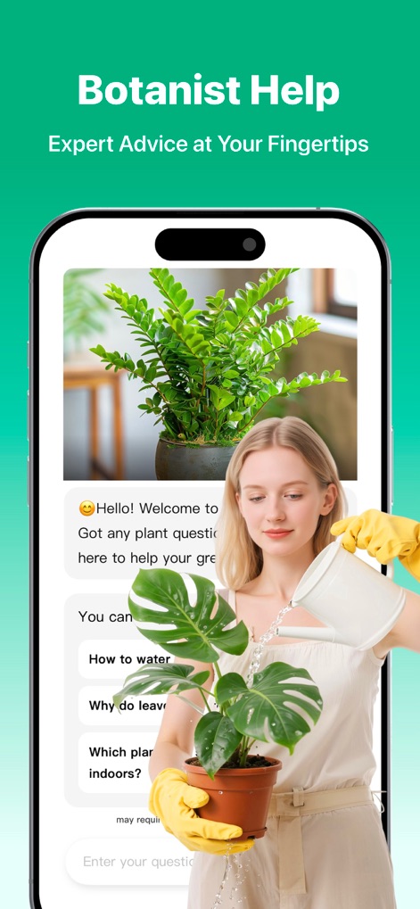 PlantLush: Plant ID & Care Pro - Die App bietet fachkundige Botaniker-Hilfe, dargestellt durch die interaktive Chat-Oberfläche und die junge Frau, die eine Pflanze gießt und so praktische Unterstützung symbolisiert.