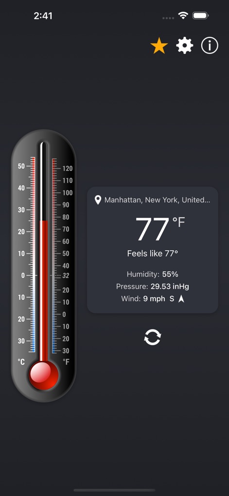 Thermometer++ App - See how Thermometer++ App provides immediate temperature readings on its intuitive thermometer display and detailed atmospheric conditions like humidity and wind speed.
