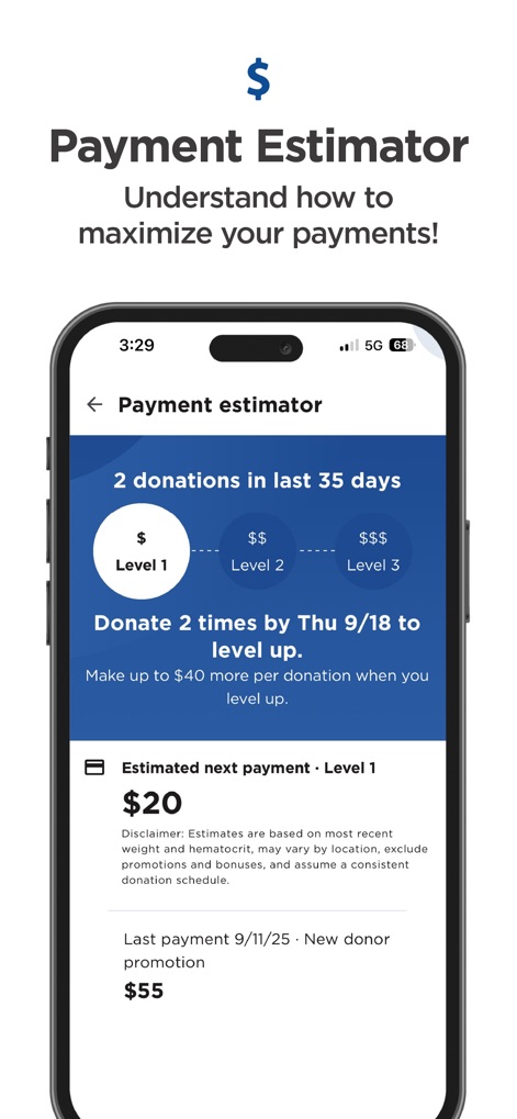 OctaApp - Donate Plasma - This tool helps users understand their current loyalty level and provides an estimated next payment, clearly outlining potential earnings and how to maximize them.