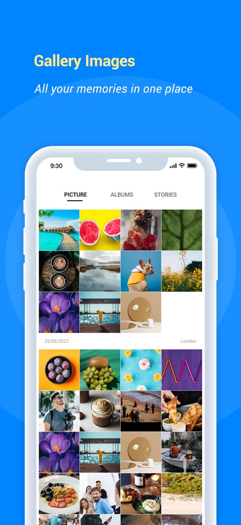 Photo Gallery album - This app provides a unified display of all digital memories, accessible through a clean grid layout and intuitive navigation tabs for seamless browsing.