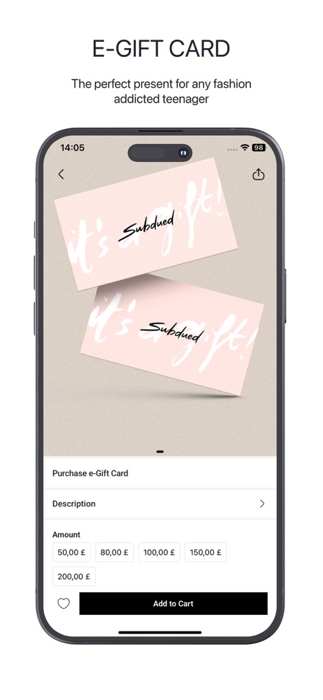 Subdued - L'app facilita l'acquisto di "e-Gift Card" con diverse opzioni di importo, ideali per un regalo elegante e personalizzabile.