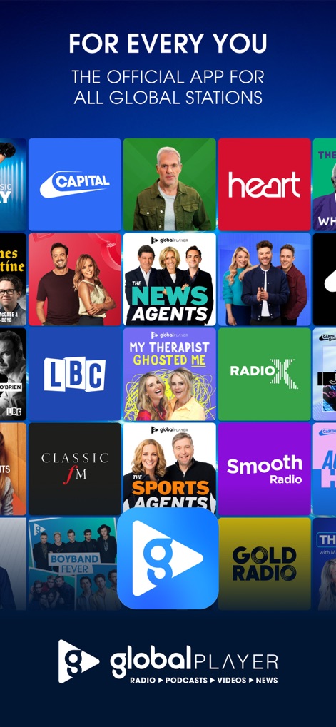 Global Player Radio & Podcasts - The app presents a visually rich grid of diverse Global radio stations and a prominent "Global Player" branding, highlighting its extensive content library.