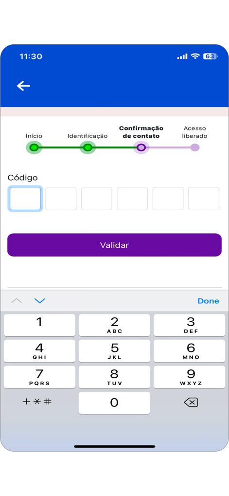 Equatorial Energia - Se presenta un teclado numérico en pantalla para la introducción del código de verificación de seis dígitos, complementado por un botón 'Validar' para confirmar la entrada.