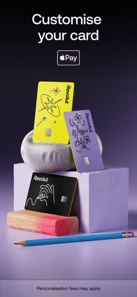 Revolut — Teen Finance - ユーザーは、独自のイラストやテキストでカードデザインをパーソナライズでき、鮮やかな色彩のカードを選んで自分らしさを表現できます。