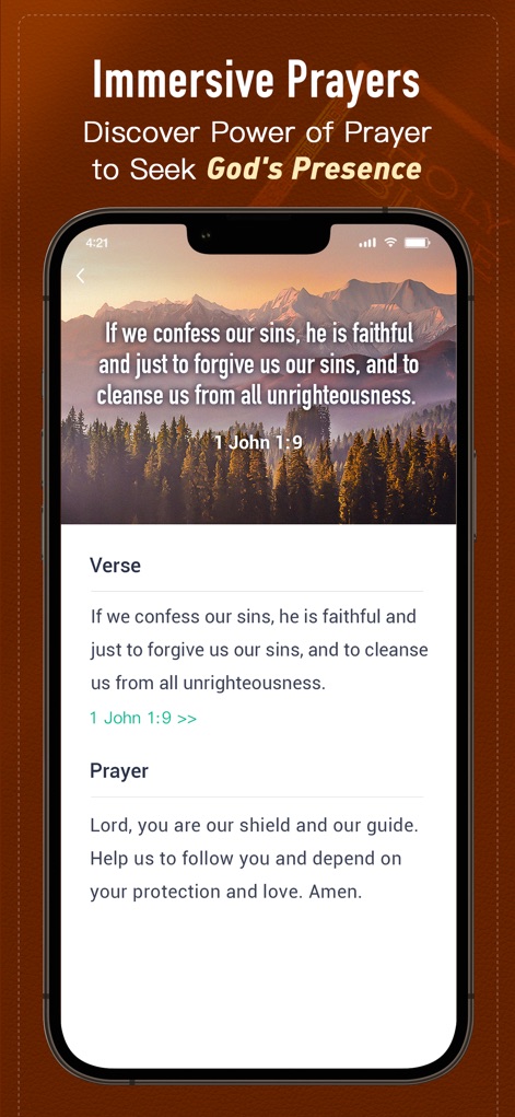 Holy Bible, KJV Bible + Audio - Esta sección facilita la devoción al presentar un "versículo bíblico" claro y conciso para la reflexión, seguido de una "oración" sugerida para guiar la comunicación del usuario con lo divino.