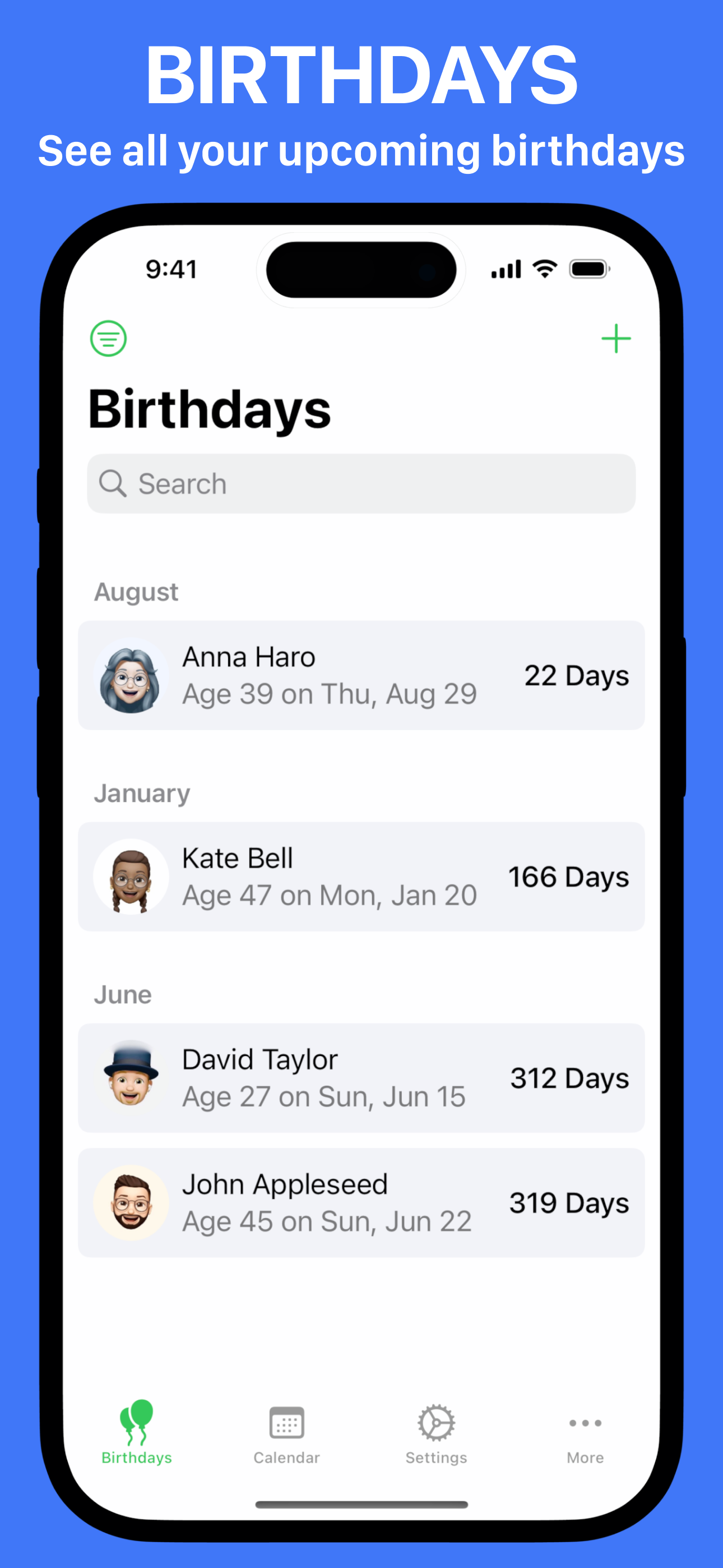 Birthdays: Reminder & Calendar