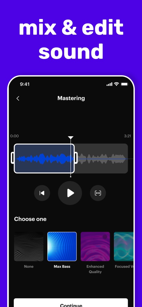 Rapchat: Music Maker Studio - The app simplifies the mastering process, presenting a clear waveform for audio manipulation and offering one-tap enhancements like 'Max Bass' and 'Enhanced Quality'.