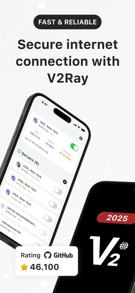 V2Ray Client+ - La vista general detalla la conexión actual con "ping" y velocidades de "upload/download", mientras presenta una lista clara de "Servers (6)" disponibles para los usuarios.