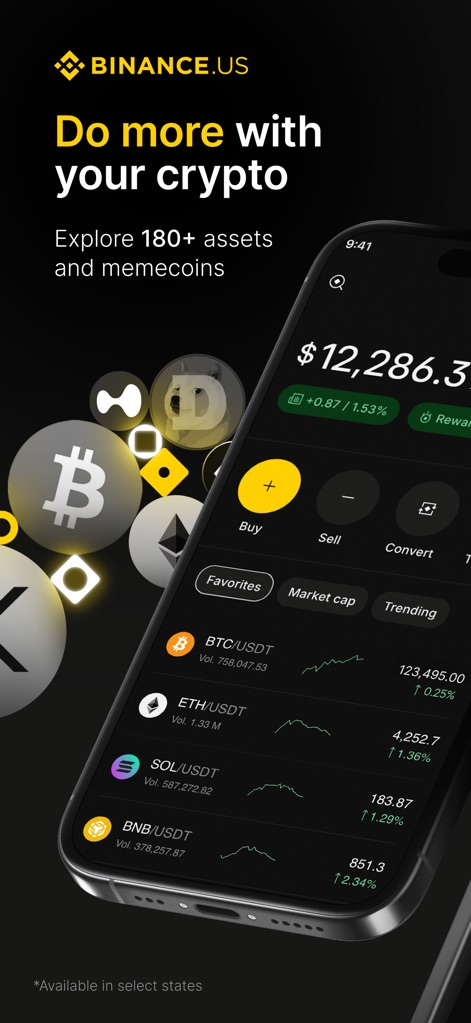 Binance.US: Buy BTC & Crypto - Explore the app's intuitive dashboard, showcasing the user's current portfolio value and a dynamic list of trending cryptocurrencies.