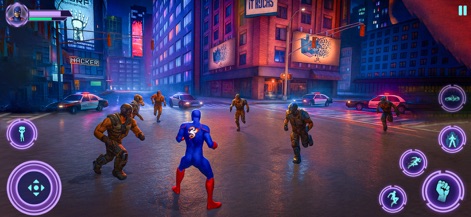 Grand Superhero Justice Sim - Users confront multiple street thugs in a vibrant night city setting, showcasing varied enemy encounters and detailed urban textures.