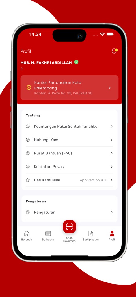 Sentuh Tanahku - This screen provides a comprehensive user profile, showcasing the registered land office location and offering access to valuable information within the 'Tentang' section.