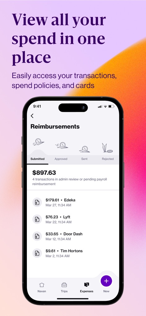Navan - This screen demonstrates the app's capability to centralize all spending information, offering a clear view of reimbursement statuses and individual transaction details.