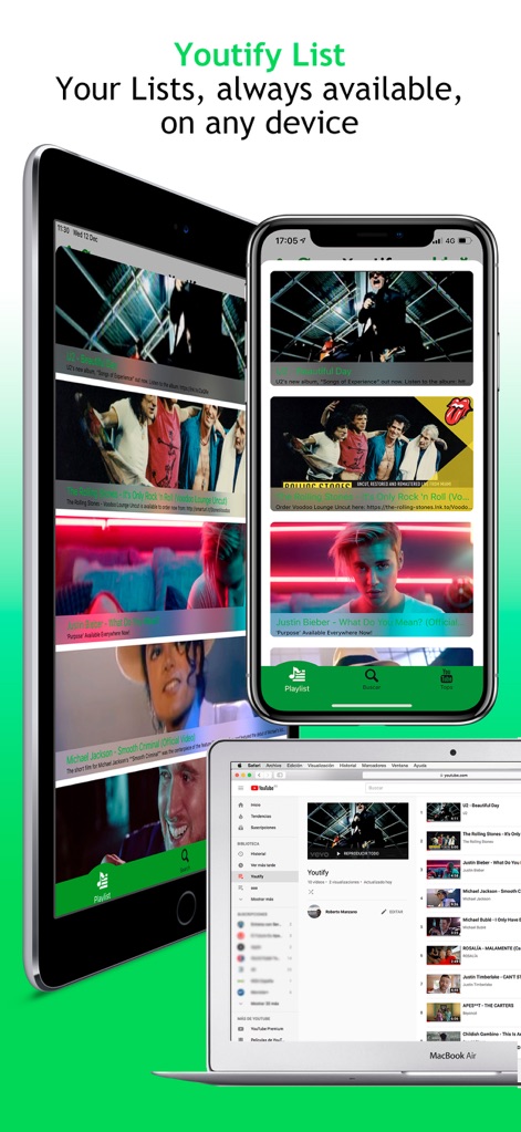 Youtify for Spotify Premium - Die Listen sind auf verschiedenen Geräten wie iPhone und iPad stets verfügbar, wobei die visuelle Darstellung Videos und Playlists nahtlos über Apple-Geräte hinweg synchronisiert.
