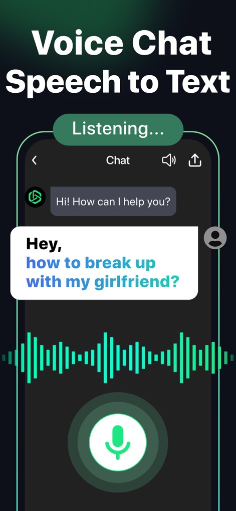 AI Chat − AI Chatbot Assistant - The app supports hands-free communication, featuring a prominent 'Listening...' indicator and a dynamic 'audio waveform visual' during voice input.
