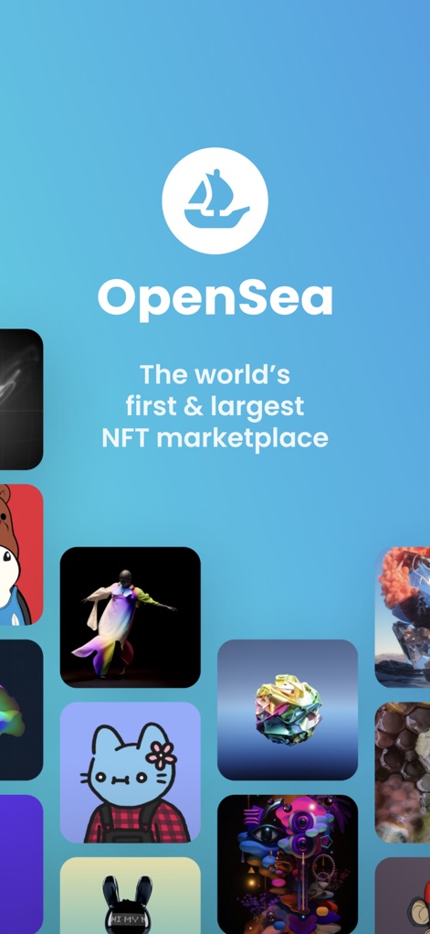 OpenSea: NFT marketplace - Experience the app's initial launch screen, highlighted by the iconic OpenSea logo and a captivating mosaic of diverse NFT thumbnails, setting the stage for discovery.