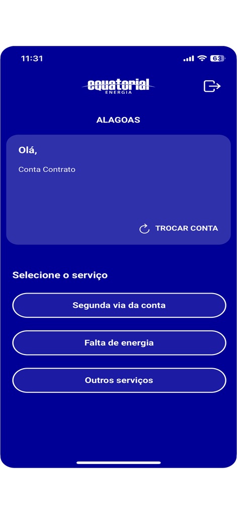 Equatorial Energia - La pantalla principal ofrece un menú claro con opciones como 'Segunda via da conta' y 'Falta de energia', permitiendo además a los usuarios 'TROCAR CONTA' si es necesario.