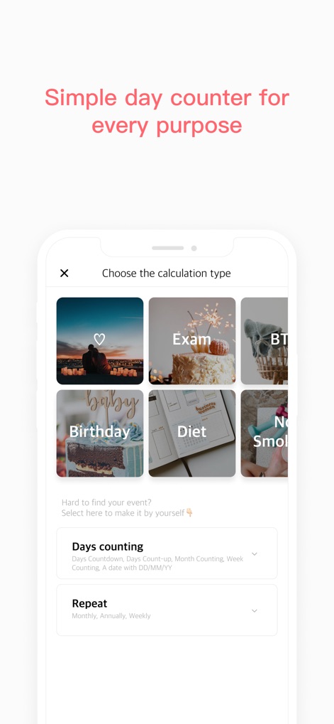 TheDayBefore (days countdown) - Die App bietet eine einfache Auswahl verschiedener Berechnungstypen, illustriert durch vordefinierte Themenkategorien wie Liebe oder Prüfung und die flexible Einstellung von Zählmethoden für einzelne Tage oder wiederkehrende Ereignisse.