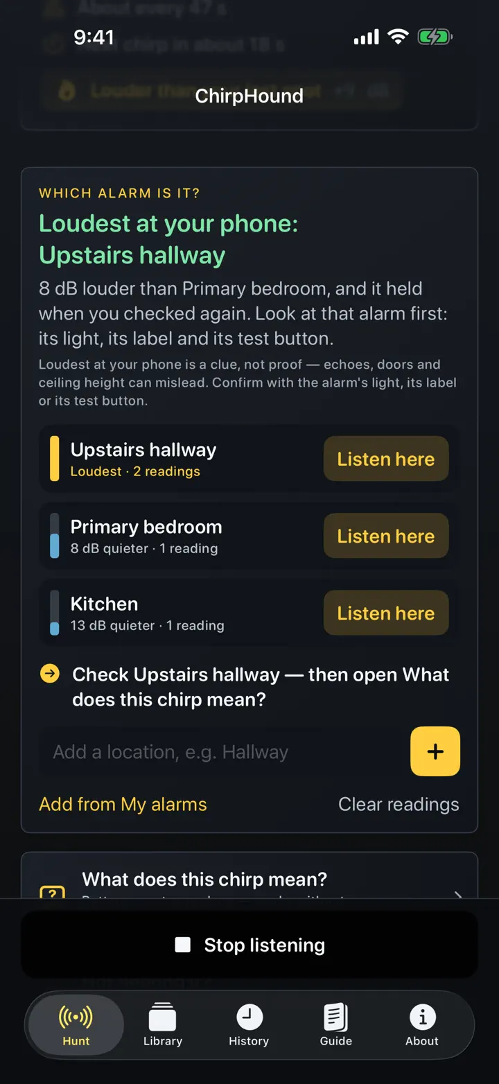 ChirpHound: Smoke Alarm Finder iPhone 6.7" screenshot 2: Times repeating beeps so you can find the beeping device.