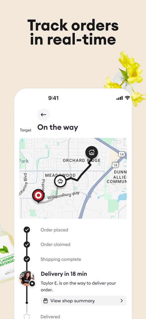 Shipt: Order Grocery Delivery - Die App bietet eine Echtzeit-Lieferverfolgung, die den Standort des Shoppers auf einer Karte anzeigt, und liefert klare Status-Updates zur Bestellung, von der Aufgabe bis zur voraussichtlichen Ankunftszeit.