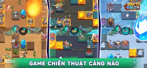 Cổng game ZingPlay - iCa - 이 스크린샷은 여러 단계의 전투 장면을 보여주는 분할 화면과 다양한 유닛 및 자원 아이콘을 통해, 사용자가 전략적인 판단으로 전장을 지휘하는 짜릿함을 느낄 수 있도록 합니다.