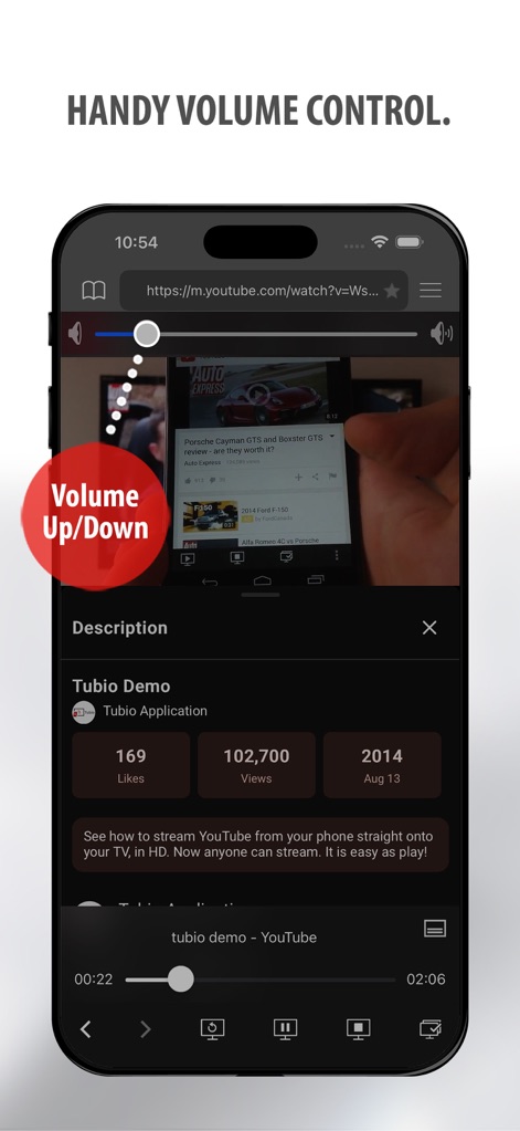 Tubio - Cast Web Videos to TV - La aplicación ofrece un manejo completo de la reproducción, incluyendo el control de volumen integrado y el slider de ajuste de volumen, todo desde la pantalla del teléfono.