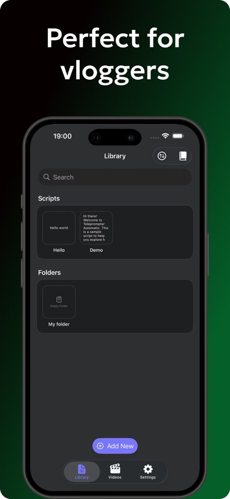 Teleprompter Automatic - L'interfaccia utente per la gestione degli script è visibile, con una sezione "Scripts" e la possibilità di aggiungere nuovi elementi tramite il pulsante "Add New".