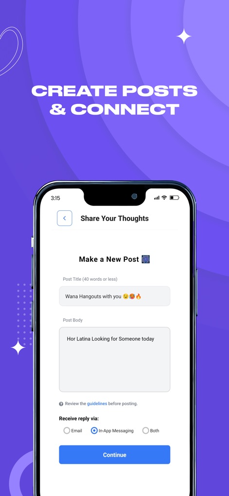 DoubleList - Casual Encounters - The app provides fields for composing post titles and bodies, along with options to select reply methods like "In-App Messaging" or "Email."