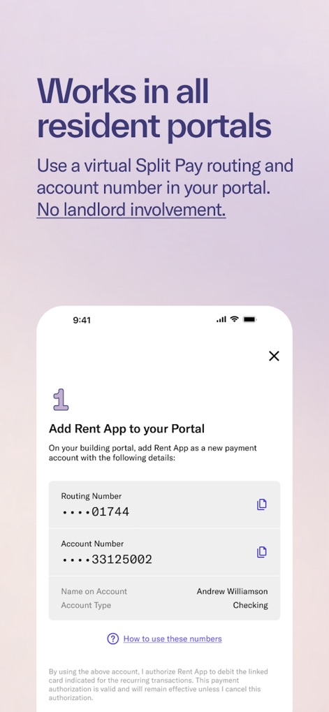 Split Pay by Rent App - Discover how Split Pay integrates seamlessly, guiding users to 'Add Rent App to your Portal' by providing a unique 'Routing Number' and 'Account Number' for payment setup.