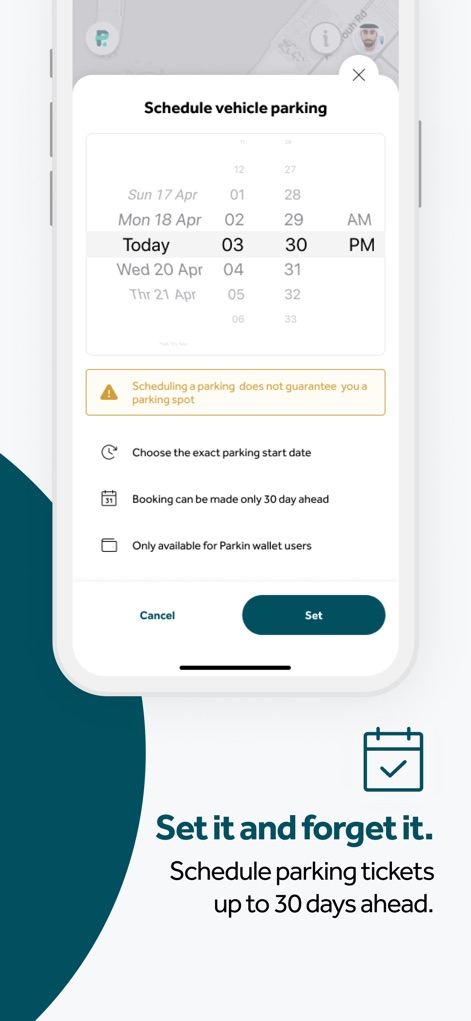 Parkin - Esta pantalla ilustra la función de programar el estacionamiento hasta "30 días" de antelación con un selector de fecha y hora. Se advierte que la programación no garantiza un lugar y es exclusiva para usuarios de la billetera Parkin.