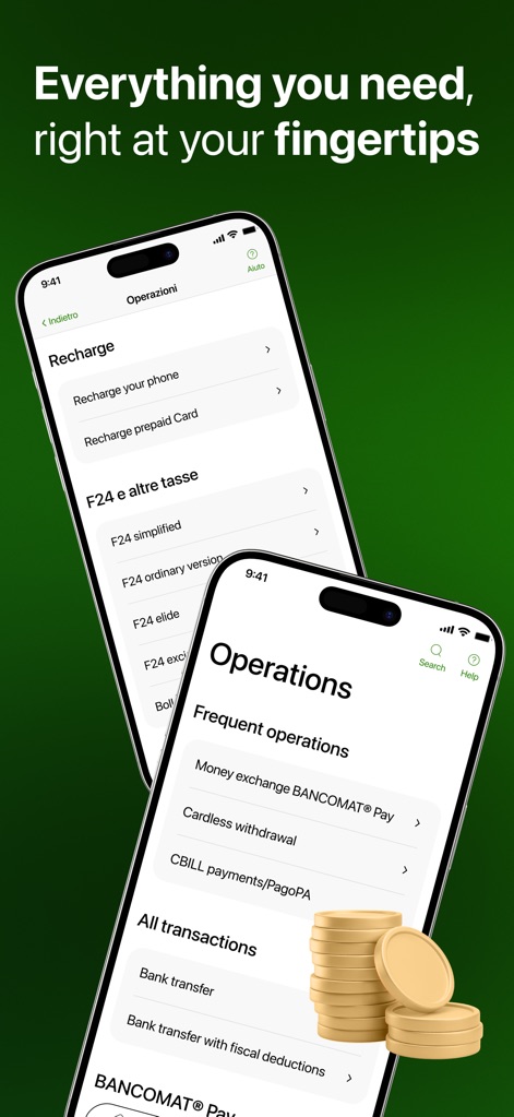 Intesa Sanpaolo Mobile - This tool consolidates various transactions, from phone recharges and F24 payments to frequent operations like BANCOMAT Pay and cardless withdrawals.