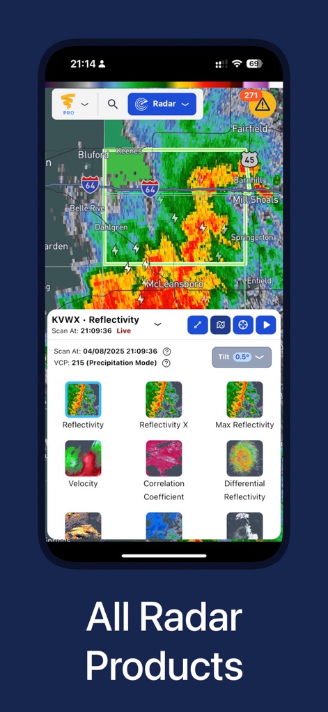 WeatherWise.app - Delve into a full suite of radar products, such as Reflectivity and Velocity, accessible through an intuitive selection menu.