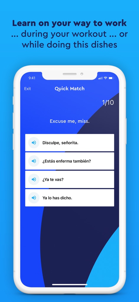 Pimsleur | Language Learning - This view illustrates an engaging "Quick Match" activity, allowing users to test their comprehension by selecting the correct Spanish translation for "Excuse me, miss" from a list of options.