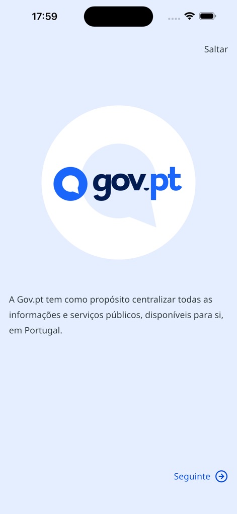 gov.pt - The app's initial screen provides a clear introduction with the distinctive gov.pt logo and a concise statement of its core purpose.