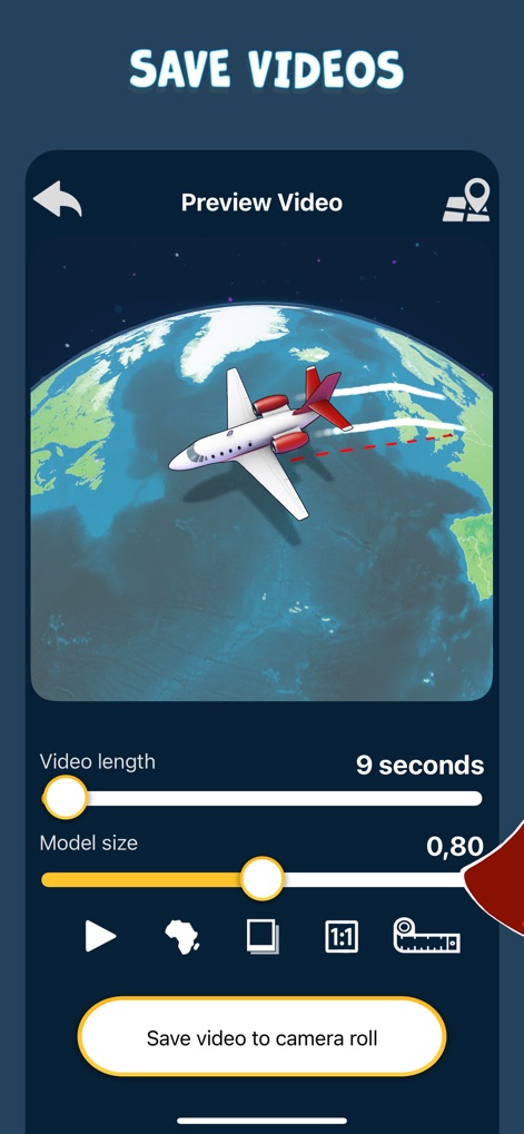 TravelBoast: My Journey Routes - Prévisualisez l'animation de votre parcours et ajustez des paramètres clés comme la durée de la vidéo et les réglages de la taille du modèle avant de l'exporter directement dans la pellicule de l'appareil.