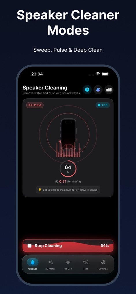 Water Eject · Speaker Сleaner - Observe the dynamic speaker cleaning visualization, which includes an animated sound wave display and a clear percentage progress indicator.